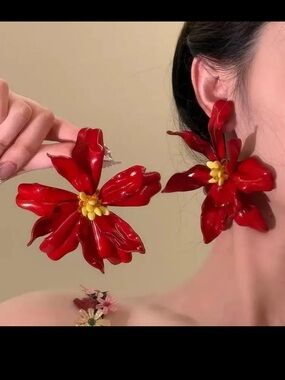 Red Floral Statement Drop Earrings - Women Jewelry